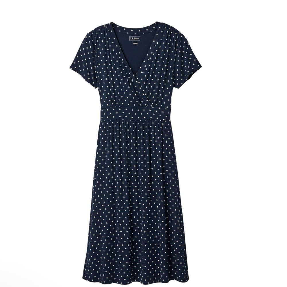 L.L. Bean Navy Blue Polka Dot Wrap Midi Dress - Picture 11 of 13